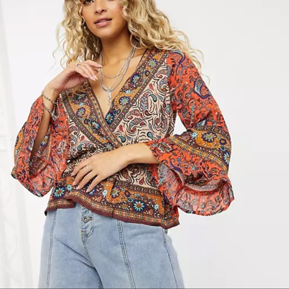 Free People Rosalie Printed Wrap Top S